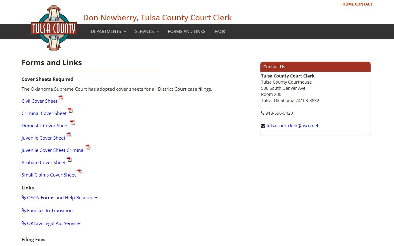 Tulsa County cover sheets and filing forms for family court records