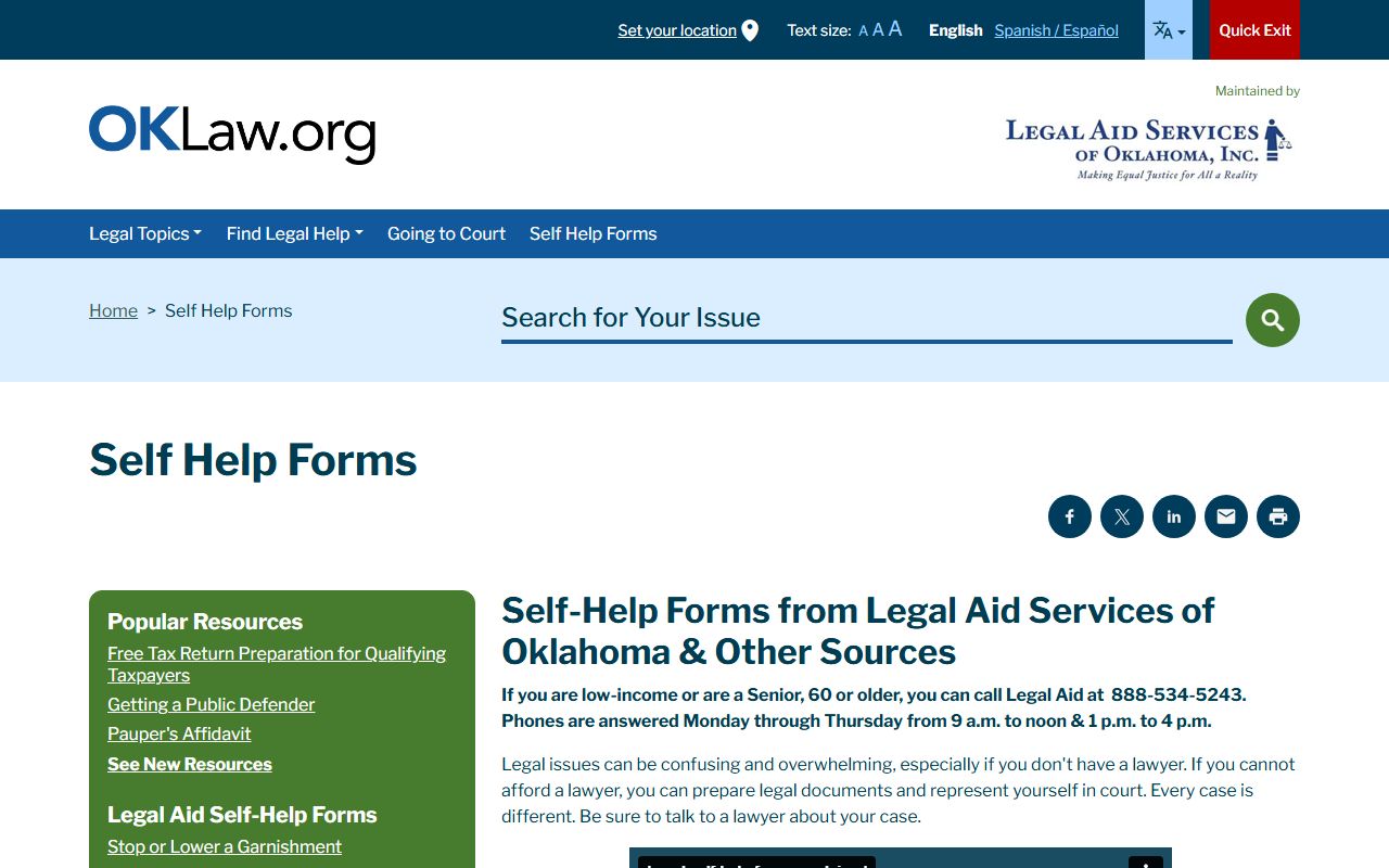Legal Aid self-help forms for Oklahoma family court records