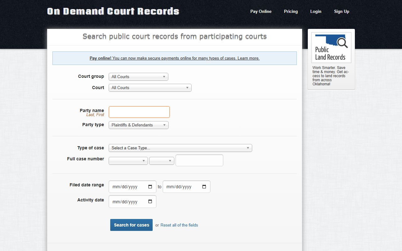 On Demand Court Records portal for Oklahoma family court records