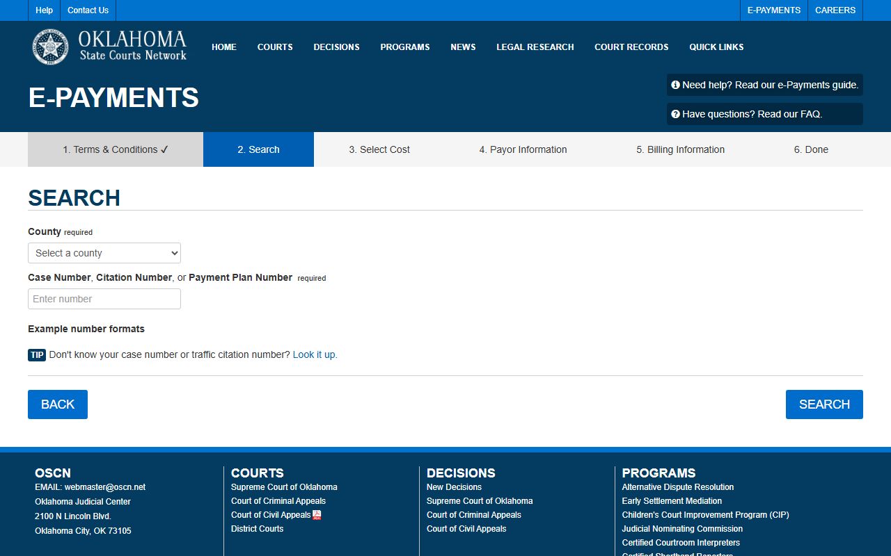 OSCN e-payments portal for Oklahoma family court records
