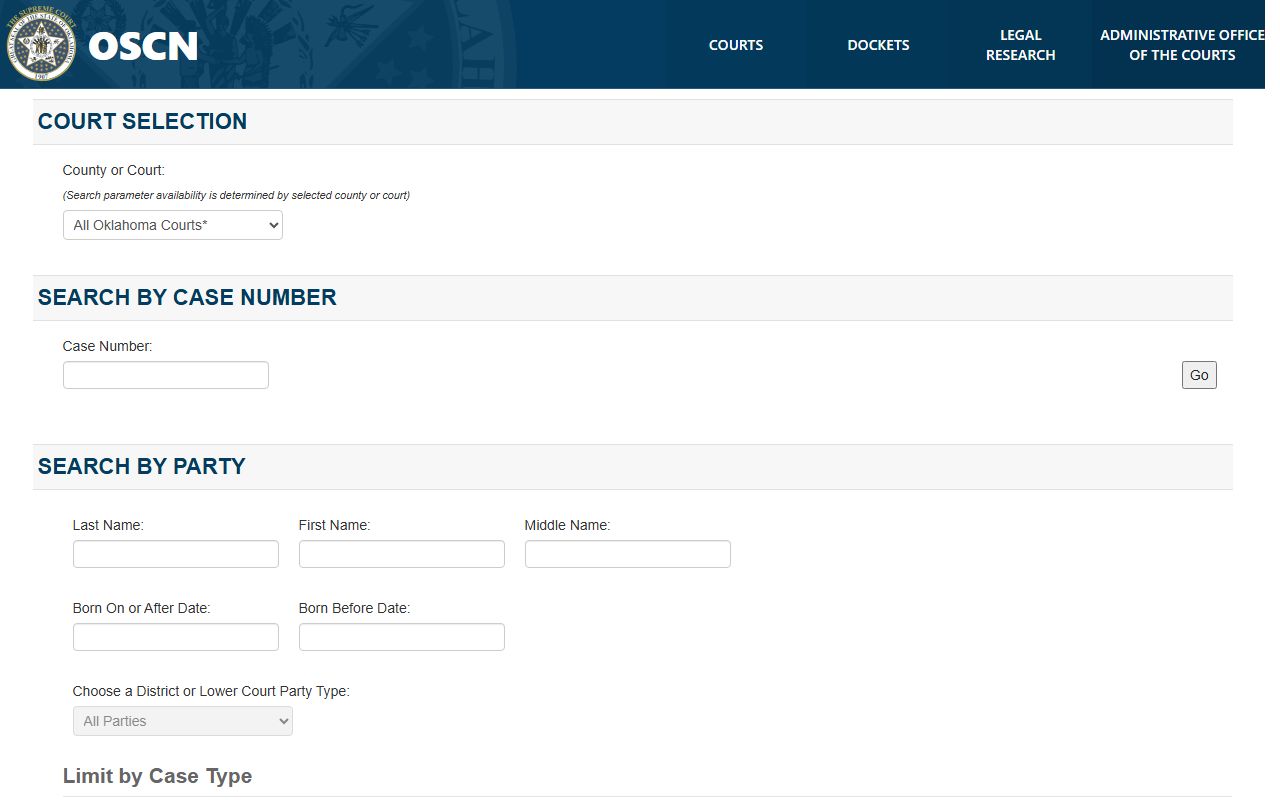 OSCN main search page for Oklahoma family court records
